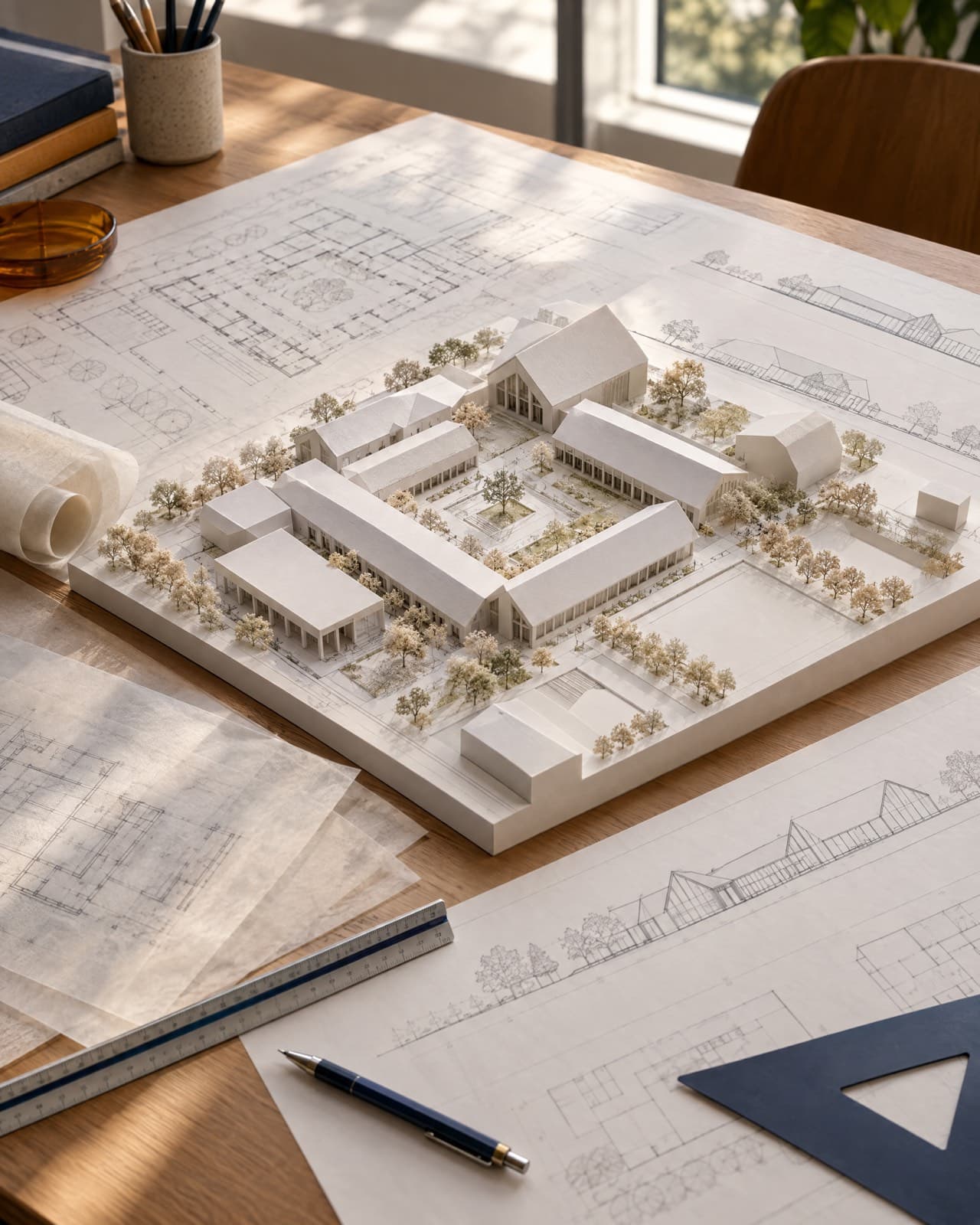 Architectural model of a public campus on a drafting table with plan drawings