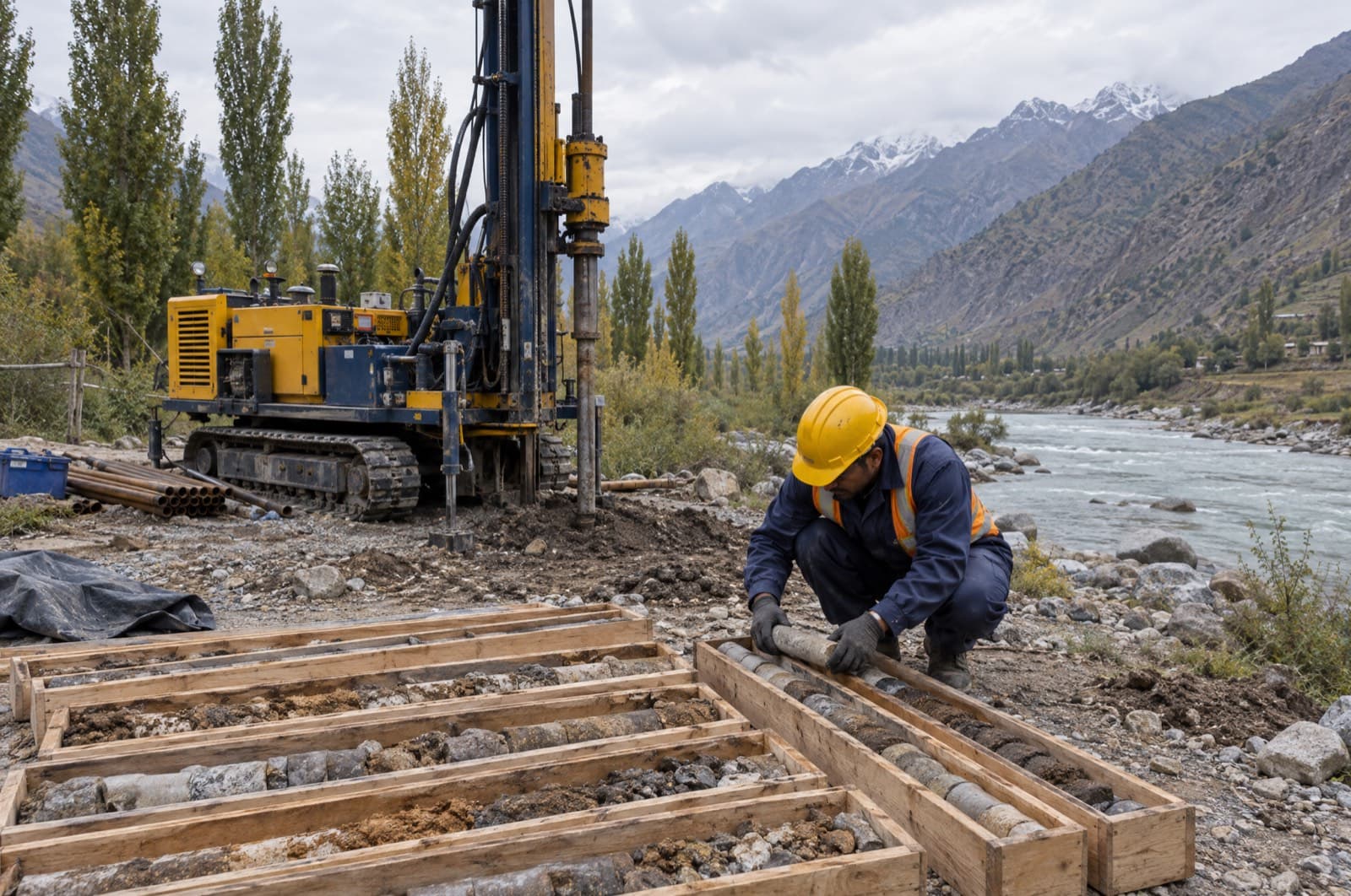 Soil boring rig and core sample boxes on a riverside site