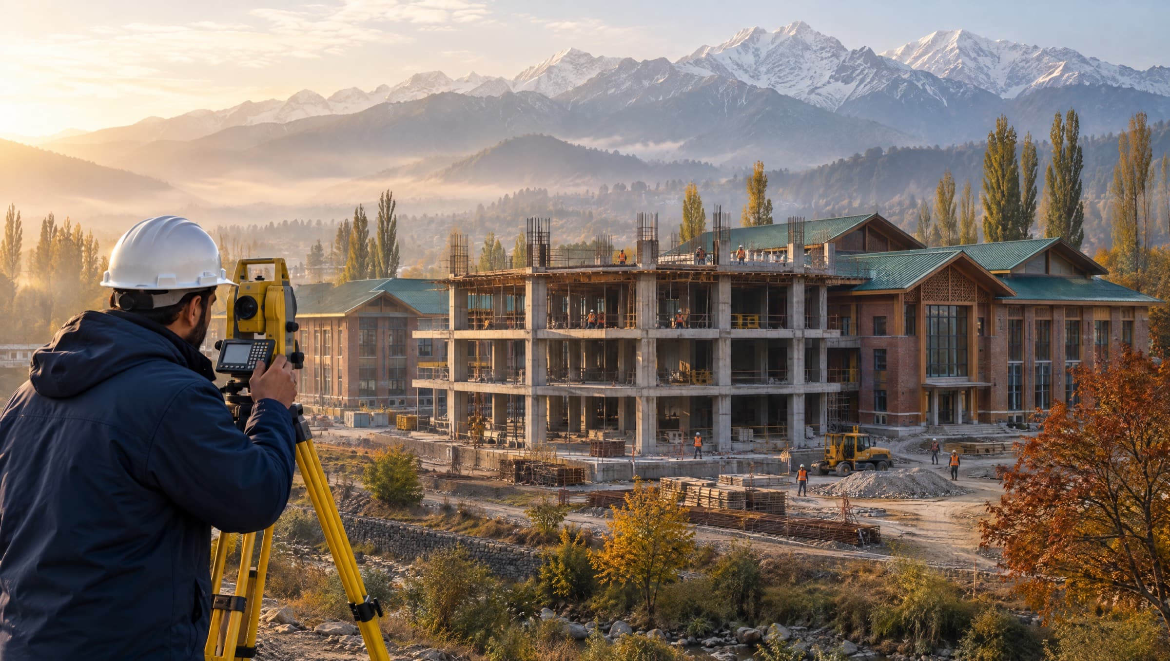 Surveyor with a total station overlooking a public building under construction in the Kashmir valley