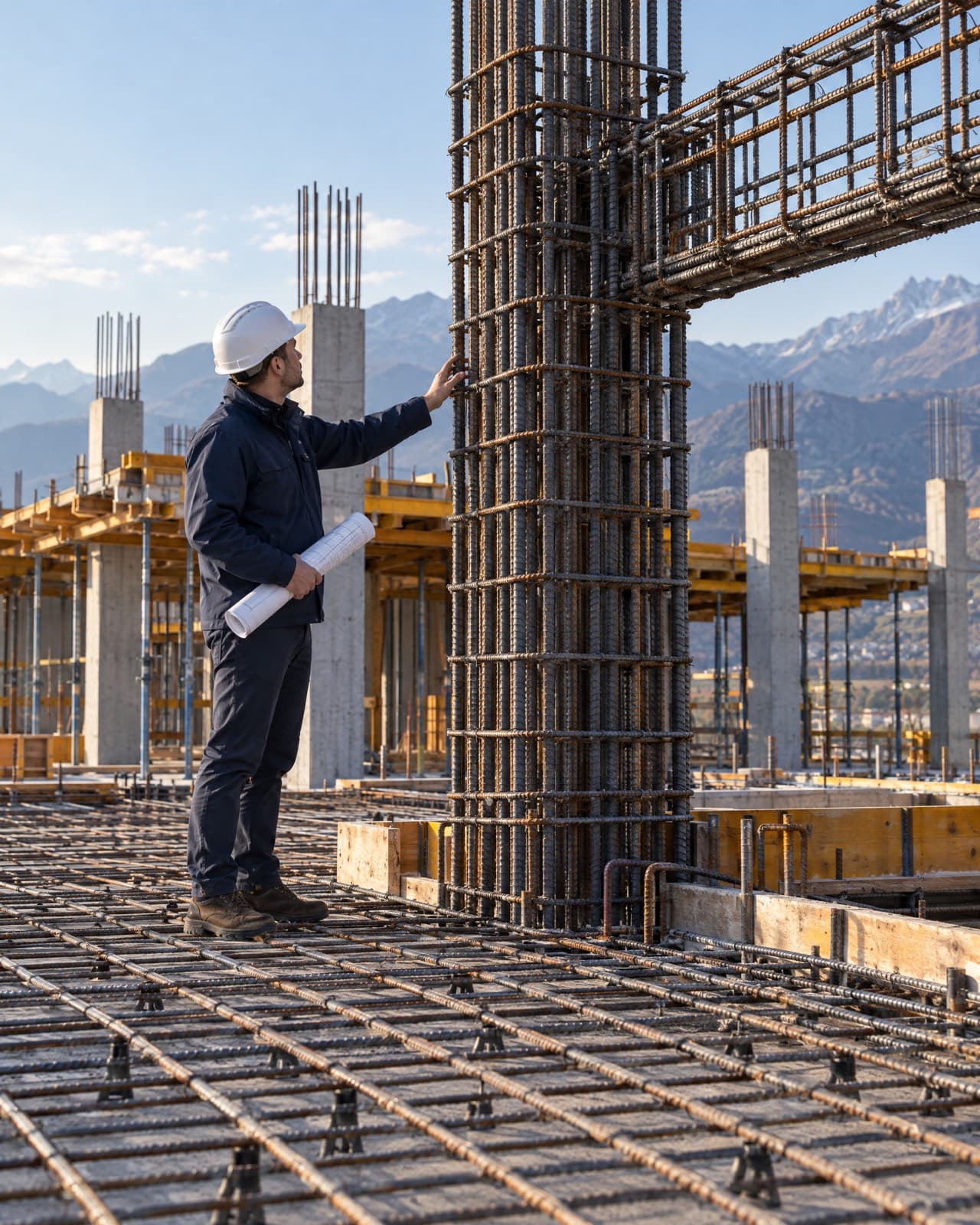 Structural engineer inspecting a reinforced concrete column cage on site