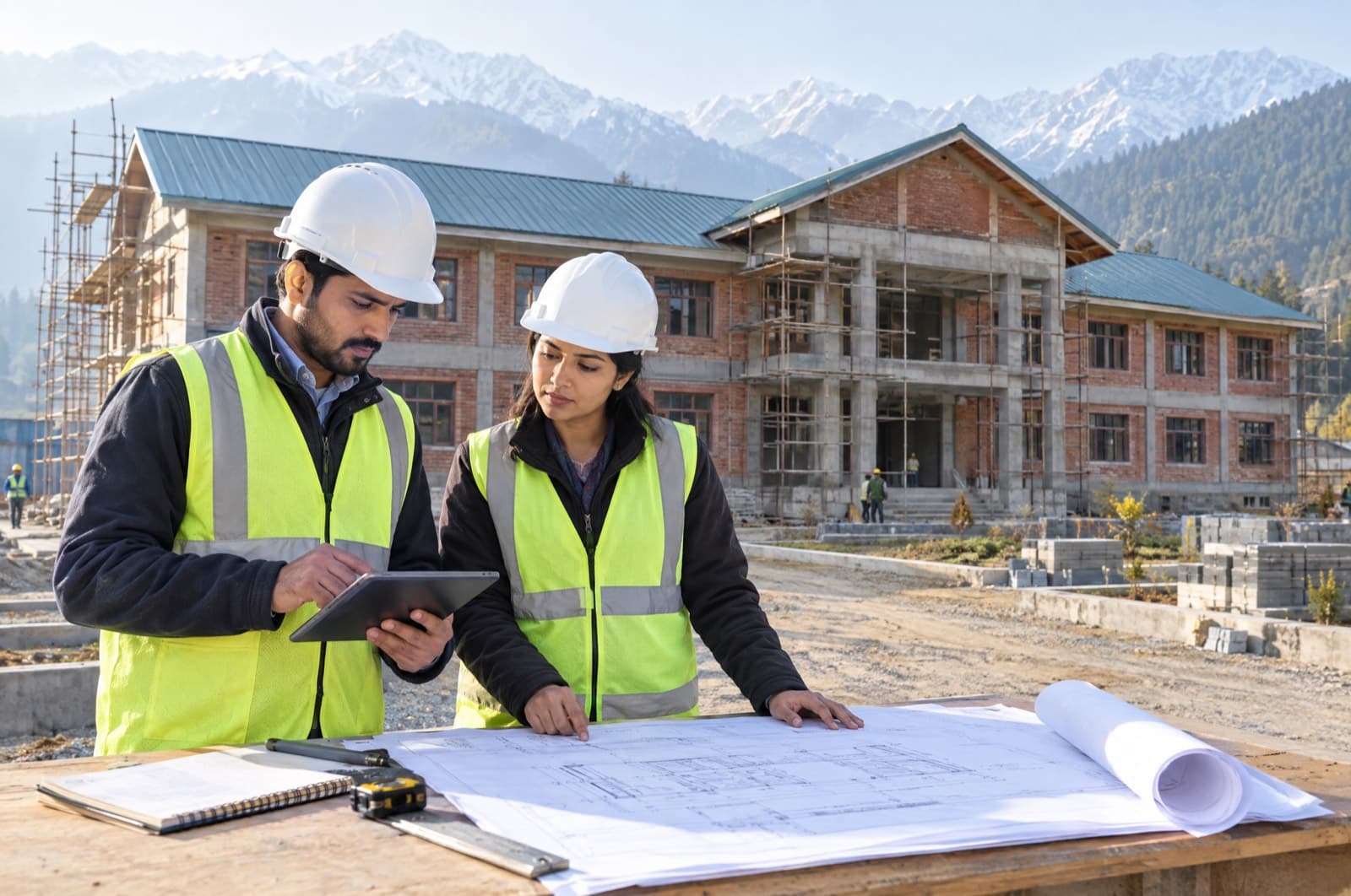 Two site engineers reviewing drawings at a public building site
