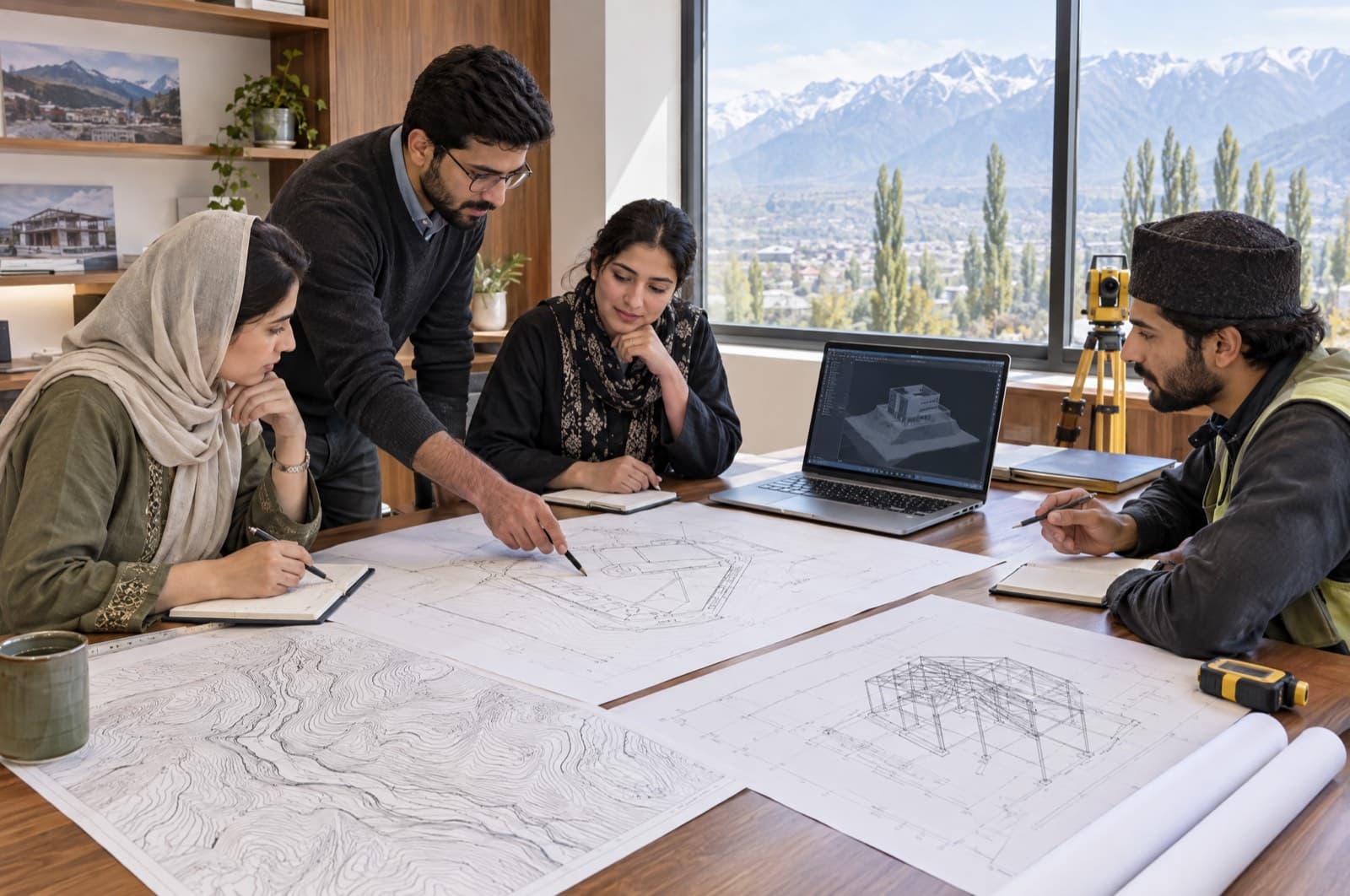 Architects, engineers and a surveyor reviewing drawings together in the office